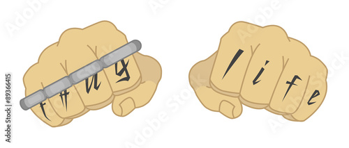 Clenched man fists with tattoo and brass-knuckle