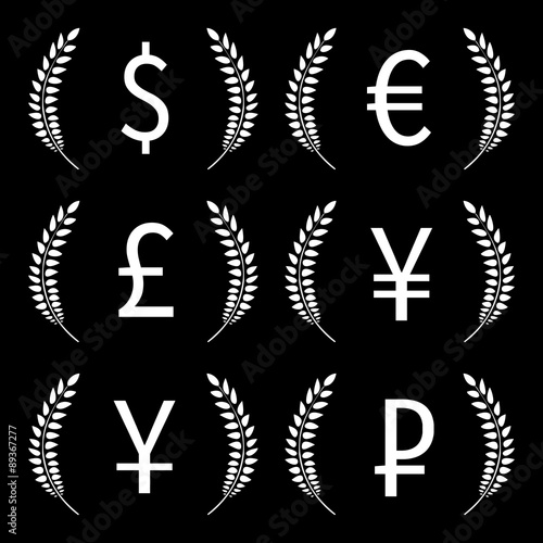 Currencies Laurels Dollar Euro Pound Yen Yuan Ruble Black and White 1