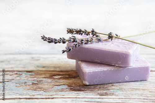  lavender soap  on rustic wooden board