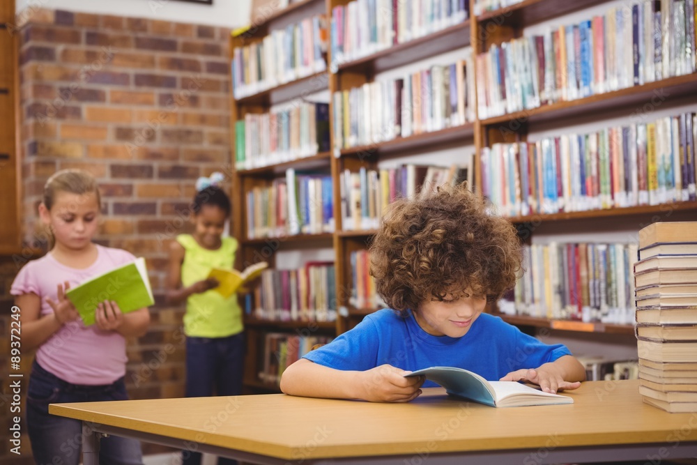 Happy pupil reading a library book Happy pupil reading a library book