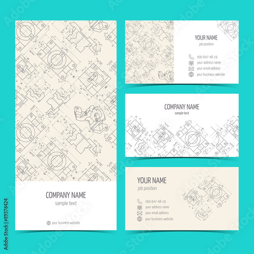 Engineering business cards, flyers, leaflets with the drawings. Blue color. Vector