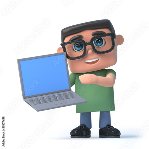 3d Boy in glasses holding a laptop pc