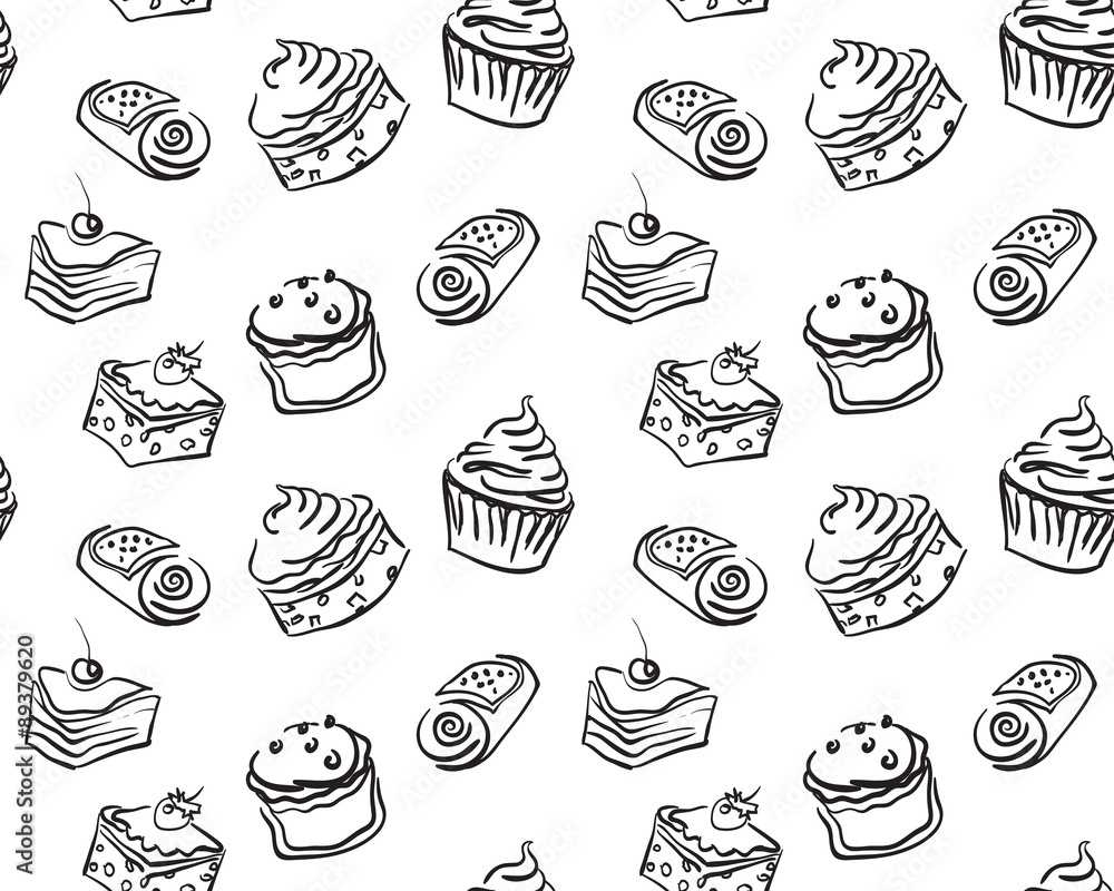 Different types of hand drawn cute cupcakes and cakes