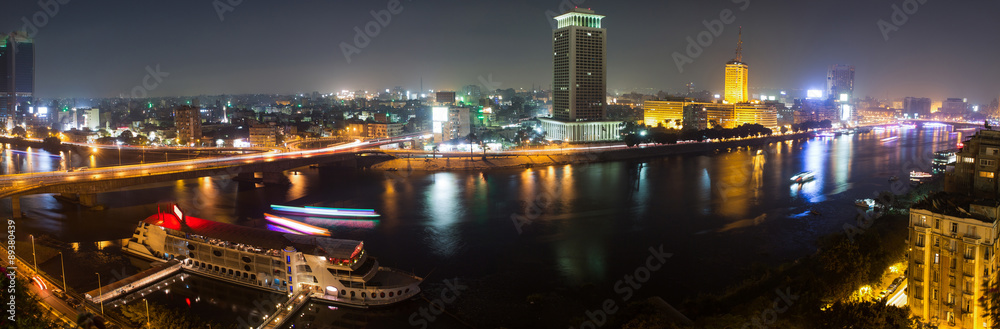 Panoramic view of Cairo from the island of Zamalek, the Nile river, the Corniche and the city.