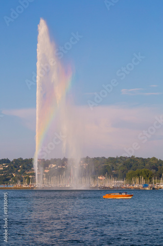 Geneva Fountain, rainbow and boat