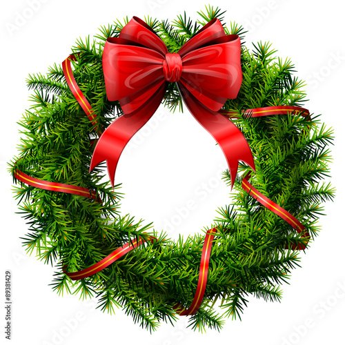Christmas wreath with red bow and ribbon isolated on white