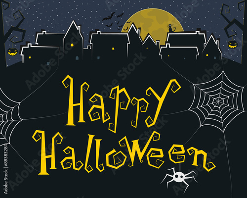 Happy Halloween Greeting Card. Crooked text and spider web in foreground. Dark town with window lights, cat, bats, trees, pumpkins and moon in background. For card, advertisement, poster etc Eps 10