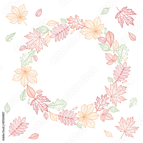 Autumnal round frame. Wreath of autumn leaves. Hand drawn autumn leaves. Fall of the leaves. Sketch  design elements. Vector illustration.