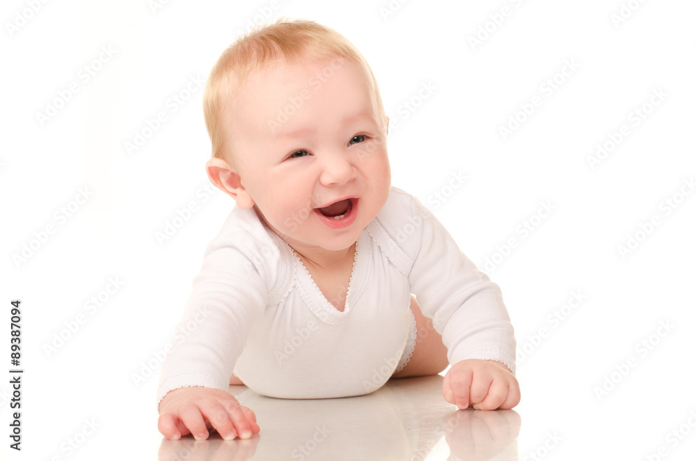 laughing creeping baby boy in white laughing creeping baby boy in white