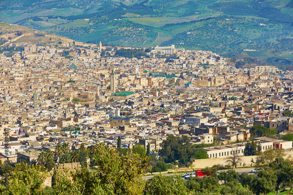 Aerial scenic cityscape of Fez
