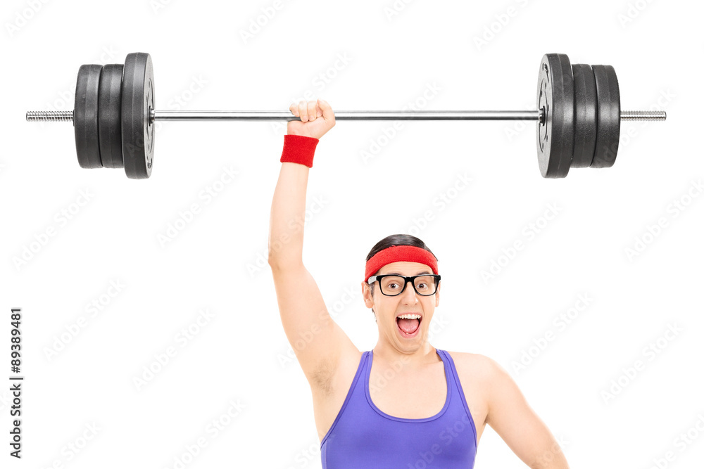 Obraz premium Strong nerdy athlete holding a heavy weight in one hand