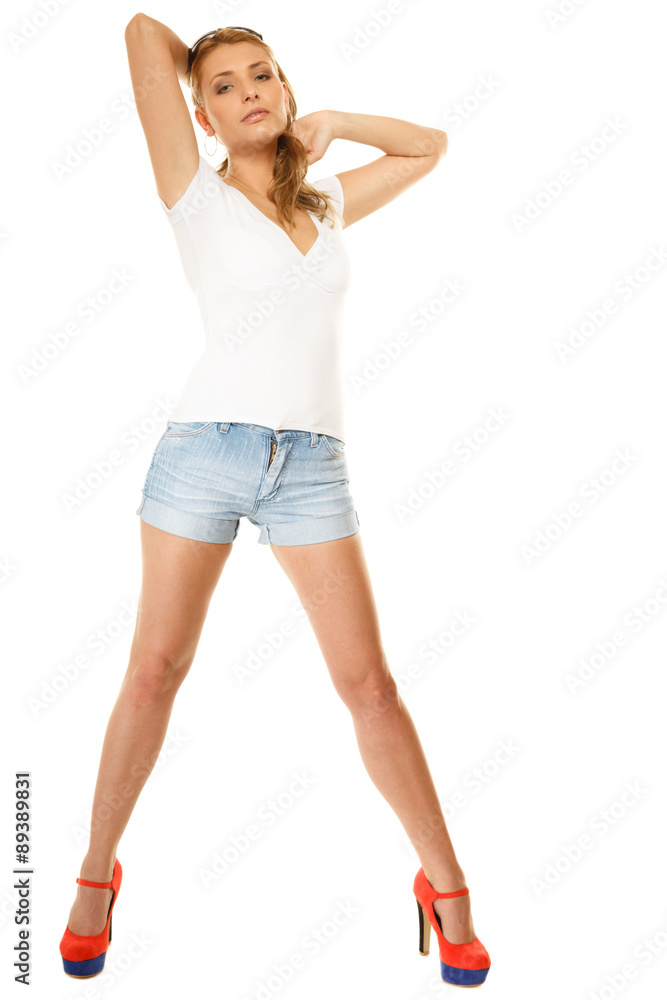 Summer fashion. Pretty sexy girl in denim shorts Summer fashion. Pretty sexy girl in denim shorts