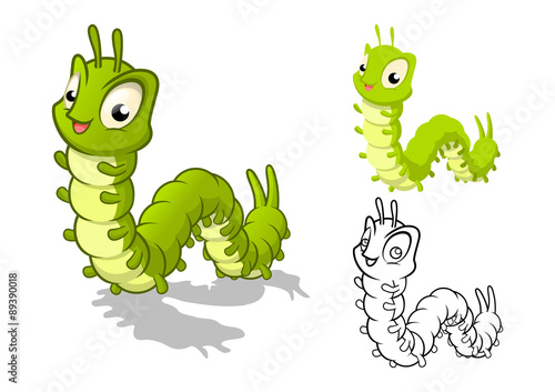 High Quality Detailed Caterpillar Cartoon Character with Flat Design and Line Art Black and White Version Vector Illustration
