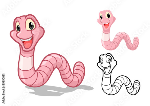 High Quality Detailed Earthworm Cartoon Character with Flat Design and Line Art Black and White Version Vector Illustration