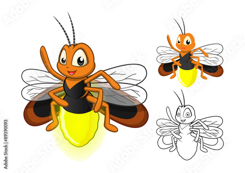 High Quality Detailed Firefly Cartoon Character with Flat Design and Line Art Black and White Version Vector Illustration
