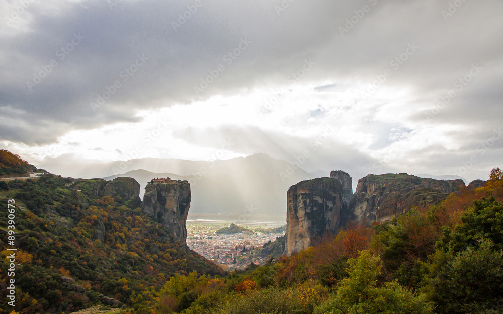Meteora Rocks with Kalampaka town on the background, Greece Meteora Rocks with Kalampaka town on the background, Greece