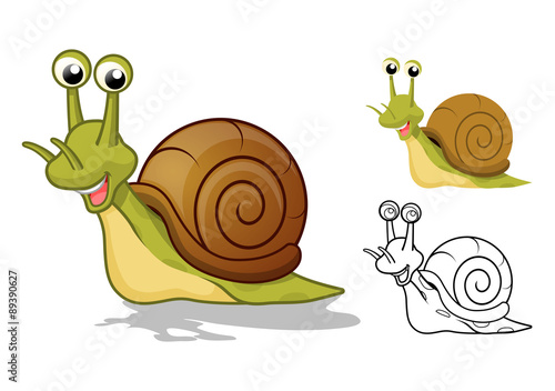 High Quality Detailed Snail Cartoon Character with Flat Design and Line Art Black and White Version Vector Illustration