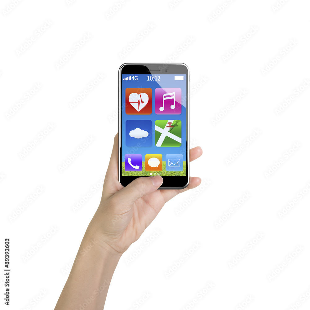 Female hand holding app icons smartphone with thumb pushing butt Female hand holding app icons smartphone with thumb pushing butt