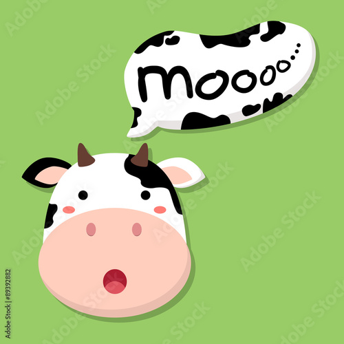 cute cow head saying "moo" in green background