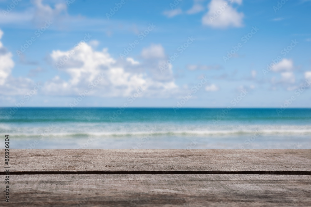 Fototapeta premium Blue sea background with wooden floor 