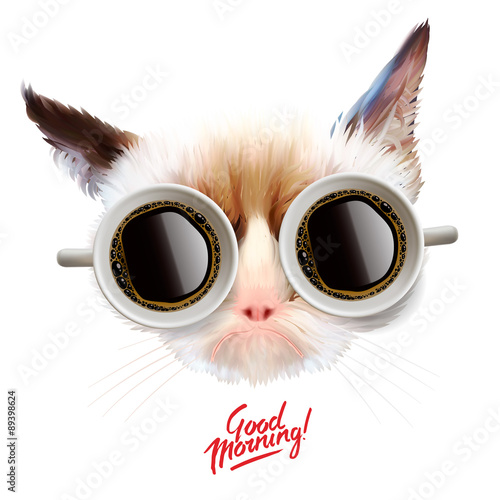 Good morning. Funny cat with cups of coffee