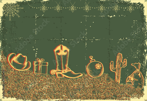 Vintage cowboy christmas card with holiday elements and decorati