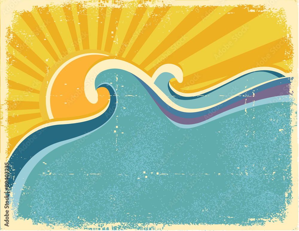 Fototapeta premium Plakat z falami morskimi i palmami. Ilustracja wektorowa krajobrazu morskiego.