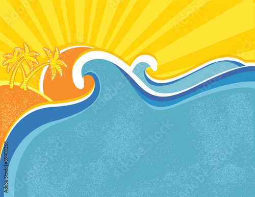 Sea waves poster with palms. Vector illustration of sea landscap