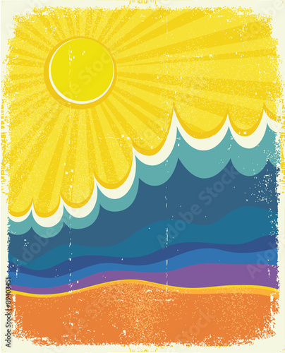 Sea waves poster. Vintage illustration of sea landscape.