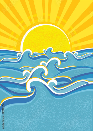 Sea waves and yellow sun.Vector illustraction