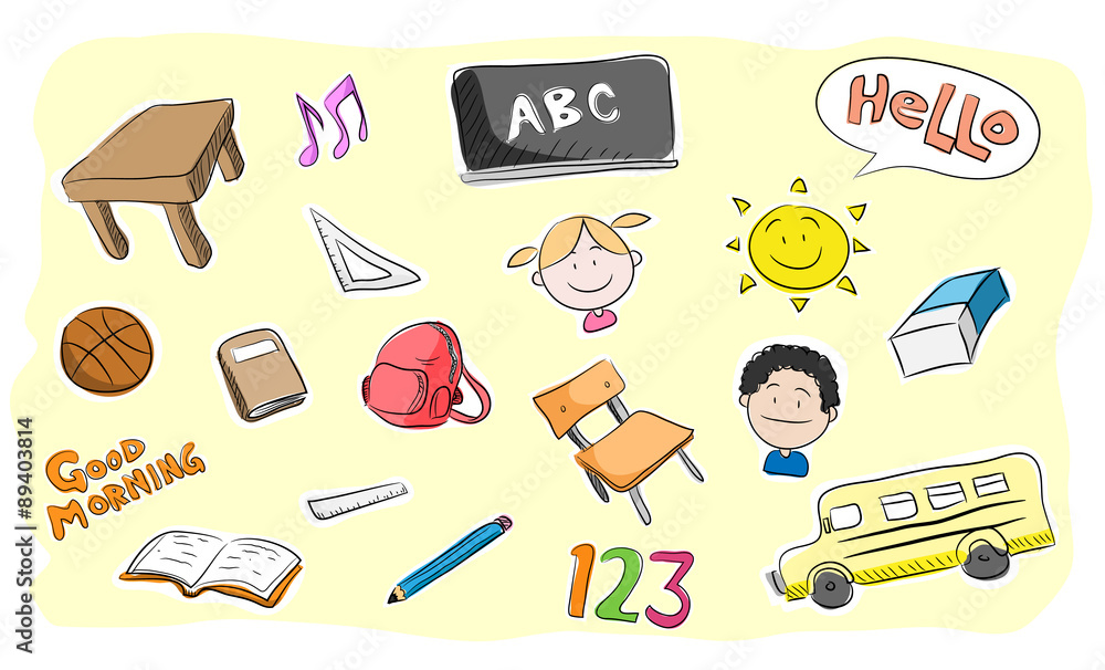 School Theme Doodle Set, a hand drawn doodle vector school theme set, each objects contains separate elements (sketch,colors,white outlines) which are easily editable, including the background.