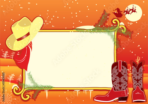 Billboard frame with cowboy hat and boots.Vector christmasn back