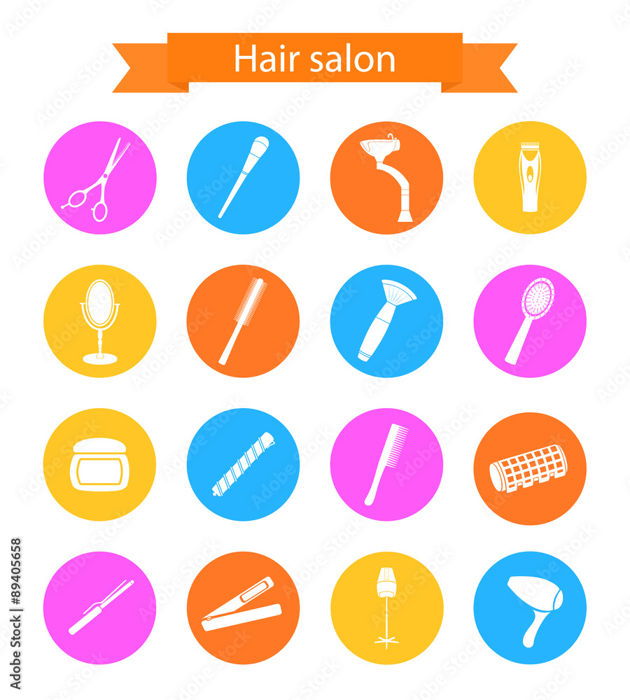 Icon set of hairdresser elements white silhouette . Flat style Icon set of hairdresser elements white silhouette . Flat style