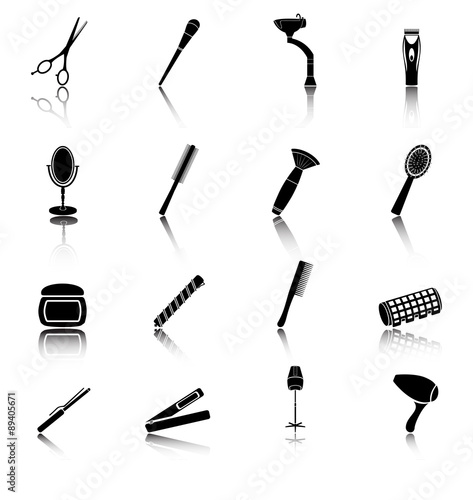 Icon set of hairdresser elements black silhouette . Flat style