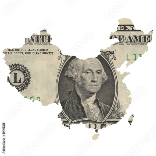 Communism and globalization. Map of China covered with one dollar bill with George Washington on it. Real photo, not a render. photo
