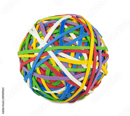 Canvas Print rubber ball out of many colorful elastic bands isolated on white background,