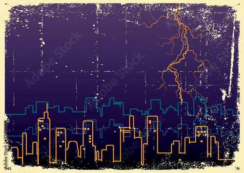 Lightning strikes and rain in big city.Grunge image on old paper