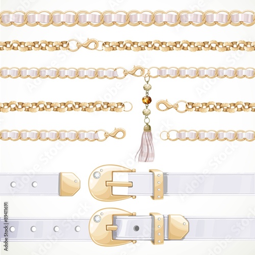 Belt on chain with a tassel, white leather belt buttoned and unb