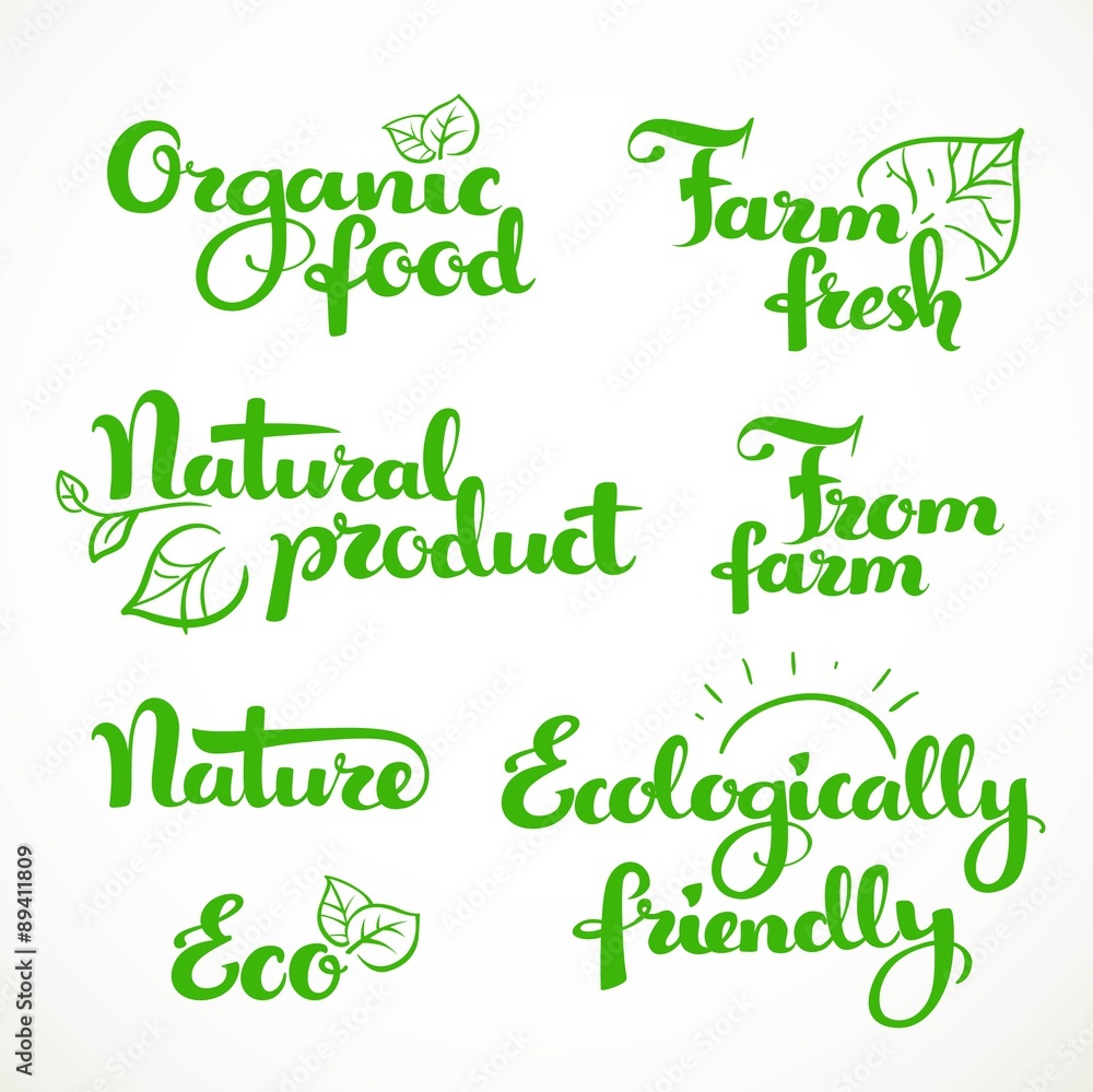 Fresh food and ecologically friendly green calligraphic inscript Fresh food and ecologically friendly green calligraphic inscript