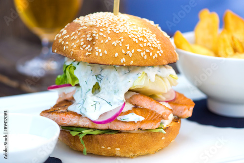 Tasty salmon fish burger