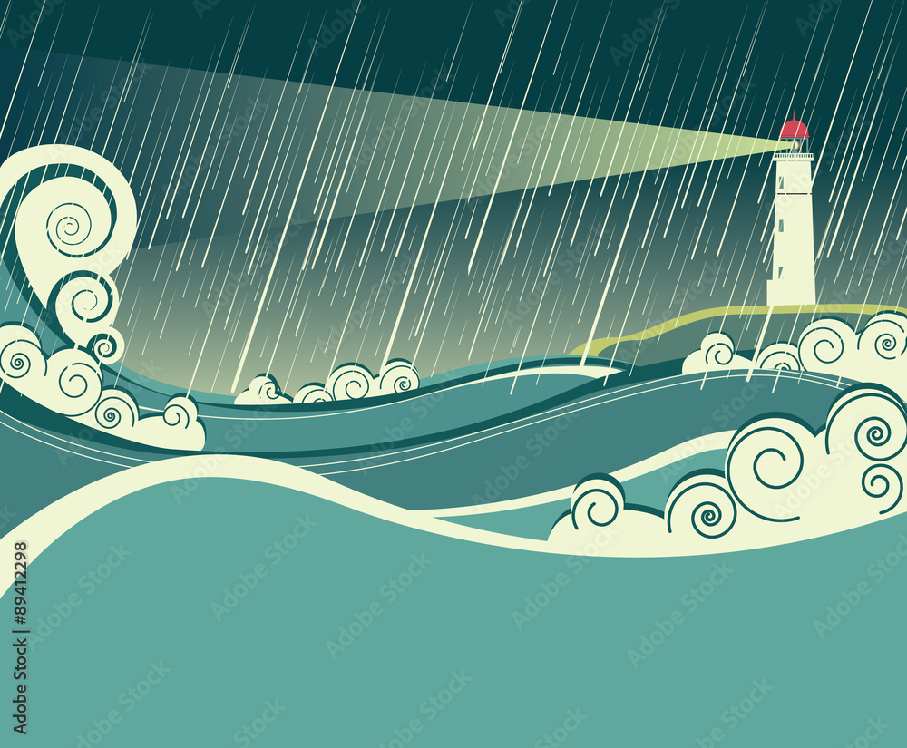 Fototapeta premium lighthouse and ocean in storm night