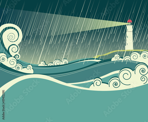lighthouse and ocean in storm night