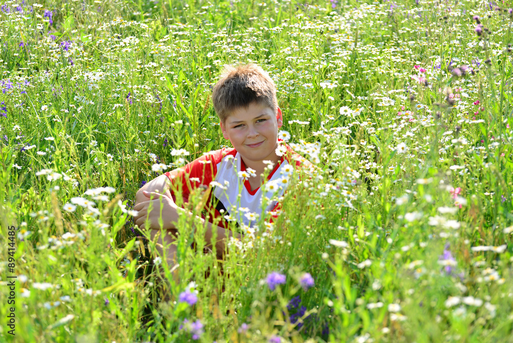 Teen boy sitting among meadow flowers Teen boy sitting among meadow flowers