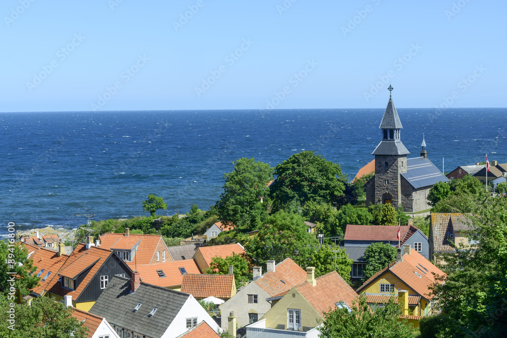 View of a typical small town on Bornholm island - Gudhjem, Denmark
