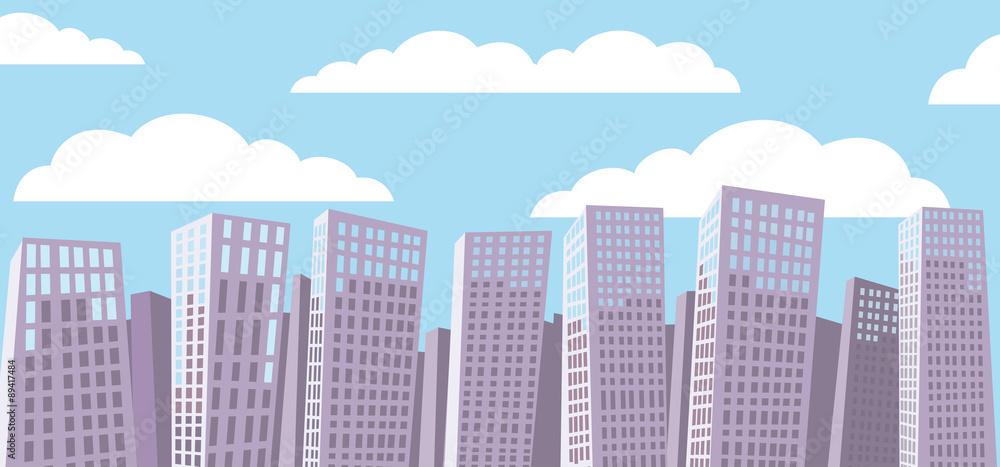 Cartoon cityscape background. Blue sky. White clouds.