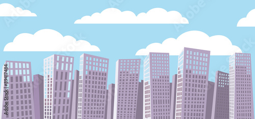 Cartoon cityscape background. Blue sky. White clouds.