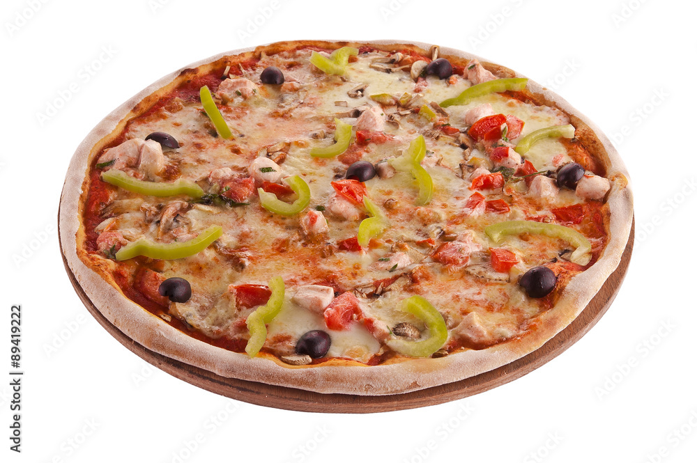pizza on wooden plate on white background