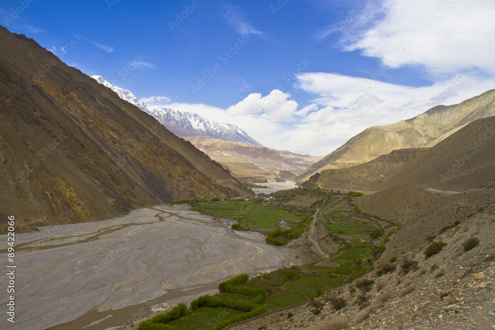 Valley surrounded snowy Himalayan peaks