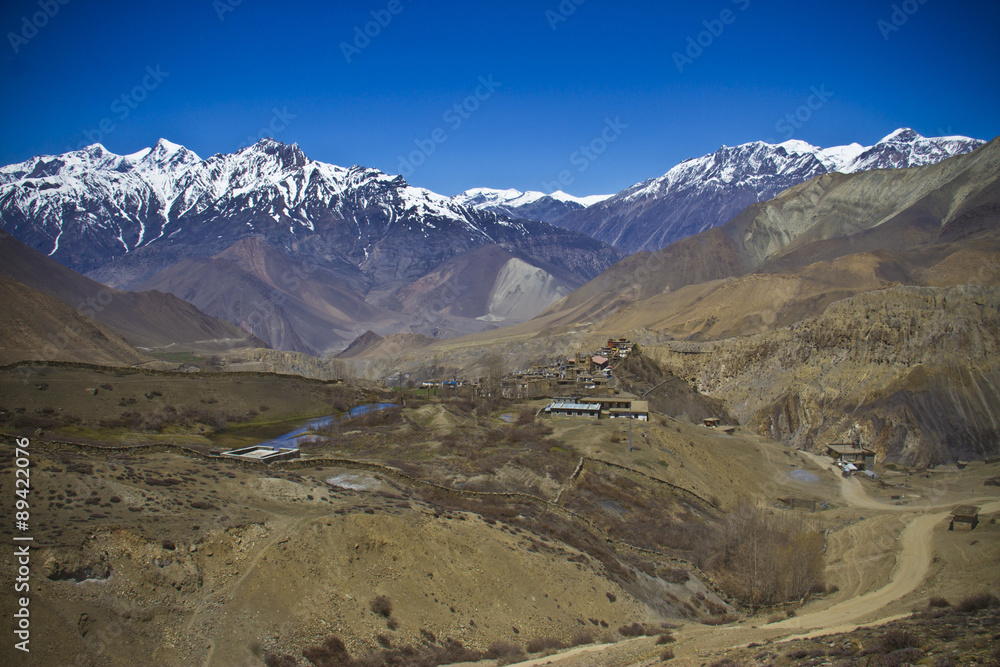 Fototapeta premium Village in the valley surrounded snowy Himalayan peaks