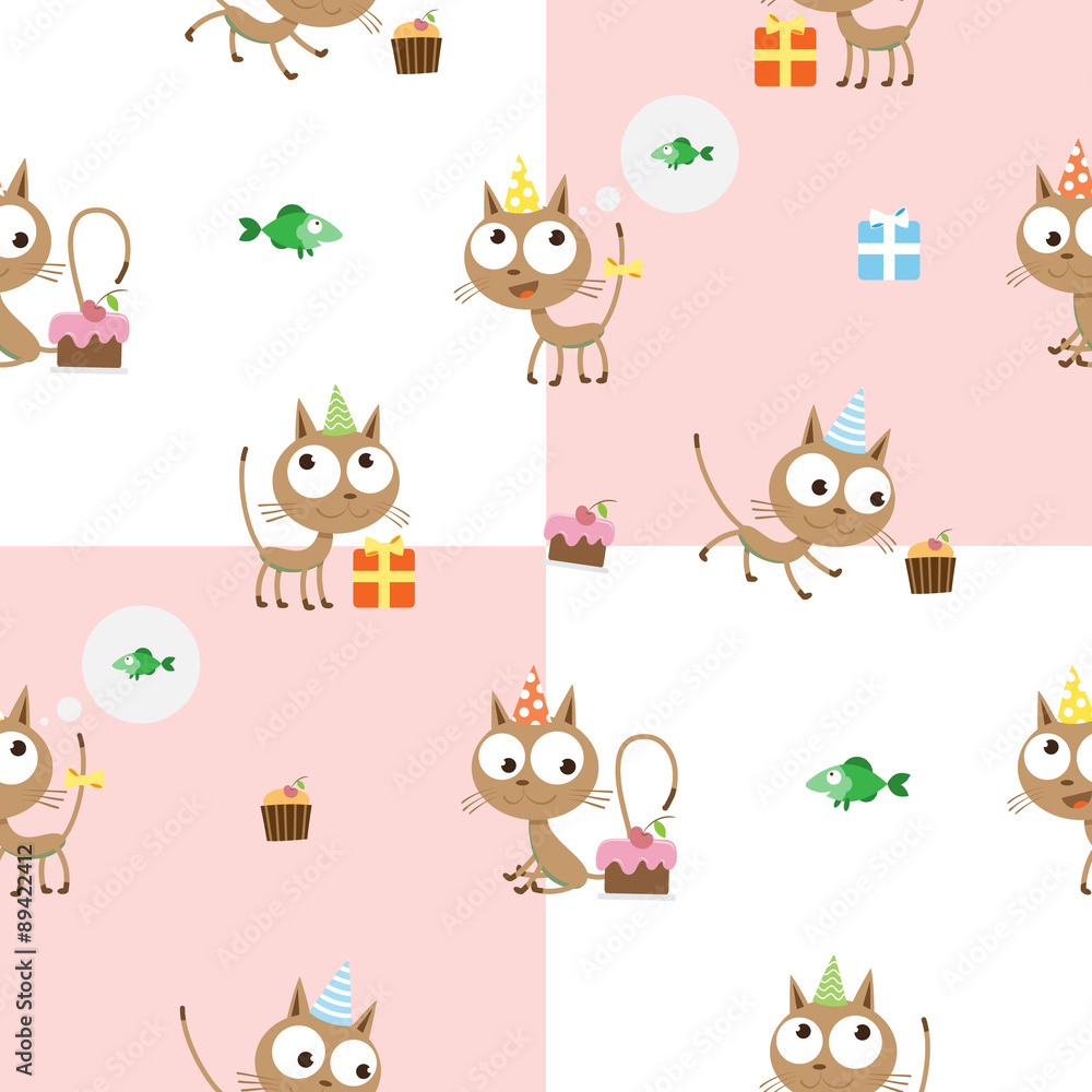 Vector seamless pattern with cute cartoon kittens to birthday on a checkered background.